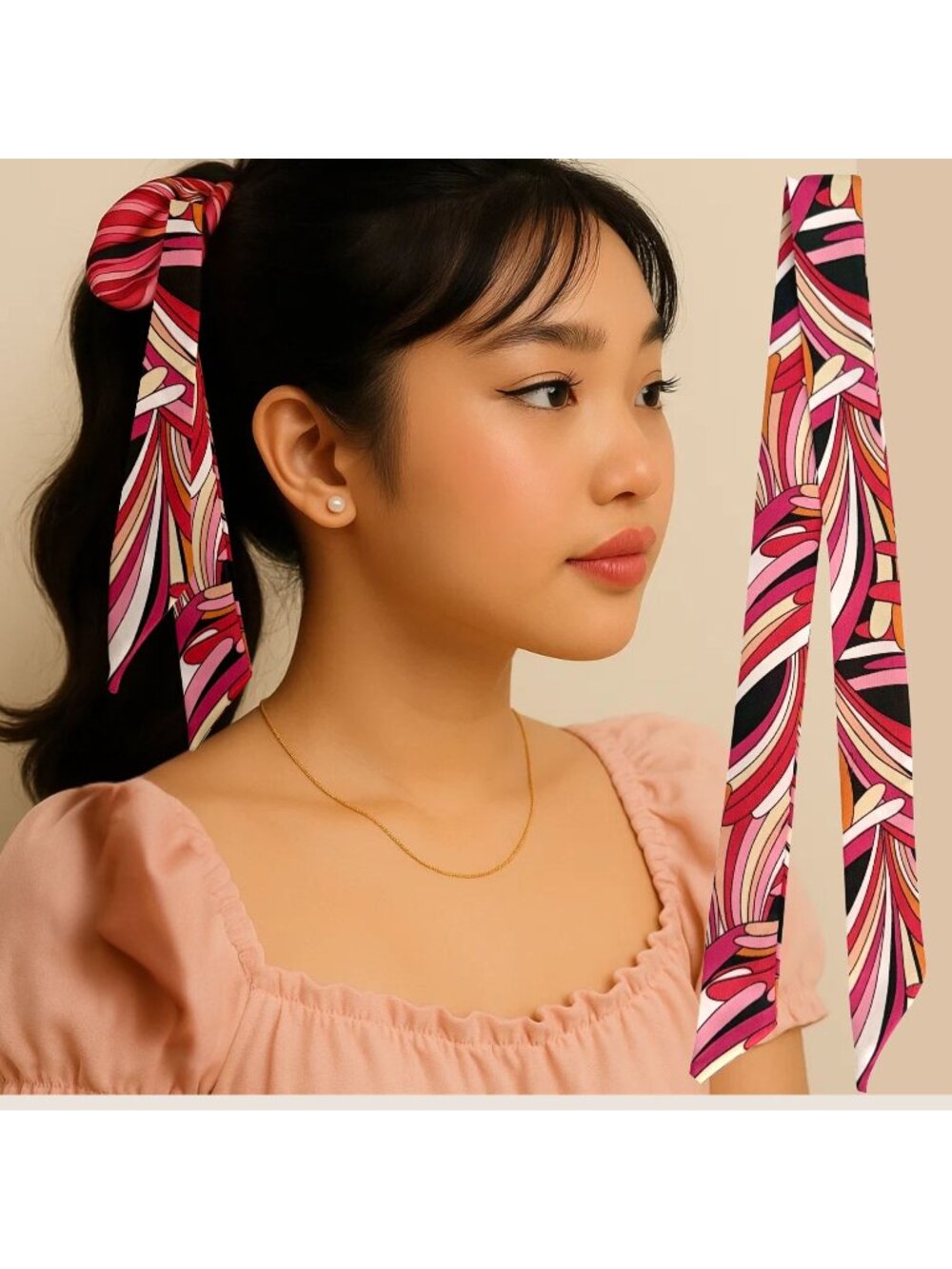 Slim Scarf Pink Black Abstract 34in Silk Satin Neck Hair Bag Ribbon